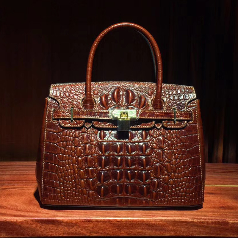 Padlock Crocodile Pattern Real Leather Tote LH1627M_5 Colors